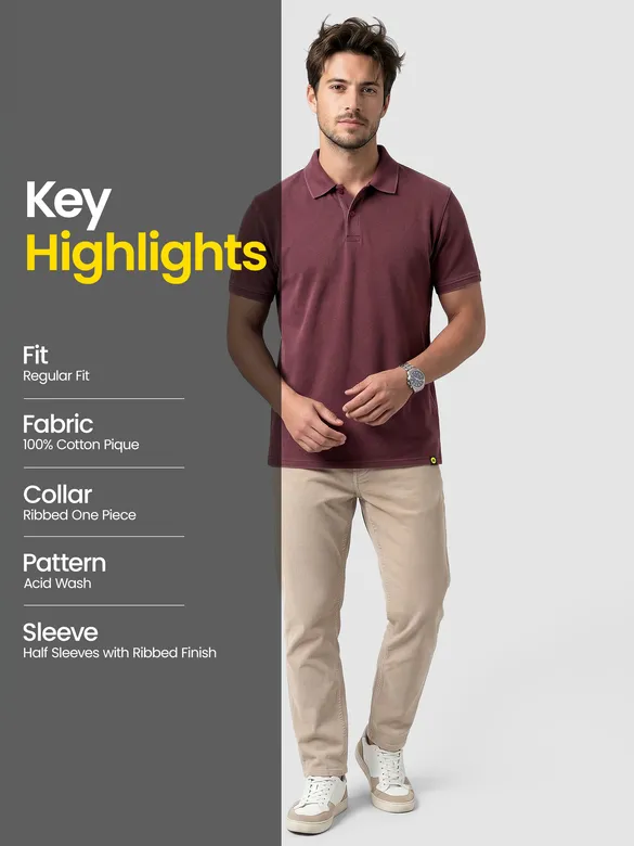 Maroon Acid Wash Polo T-shirt